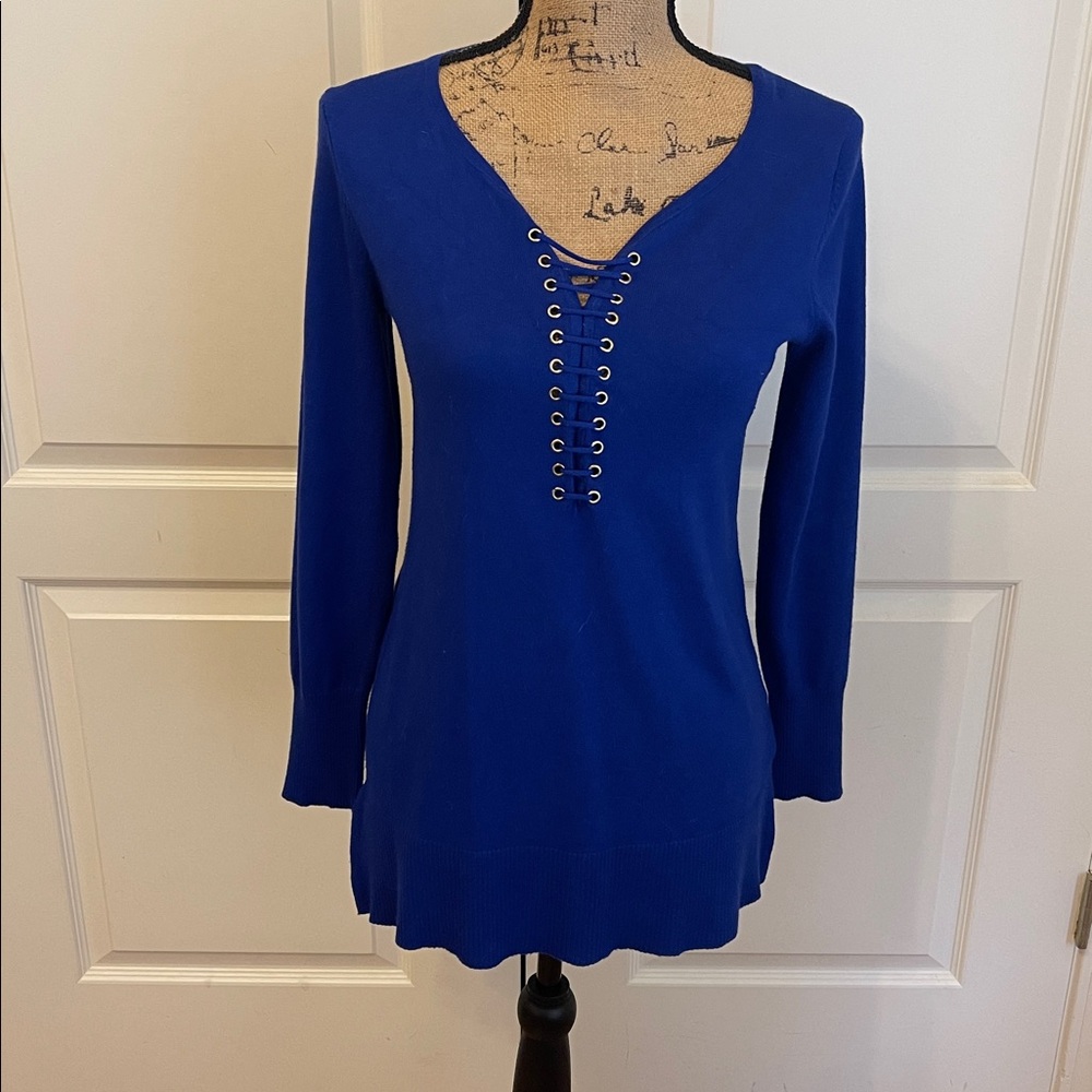 Blue Lace-Up V-Neck Sweater, size S, EUC